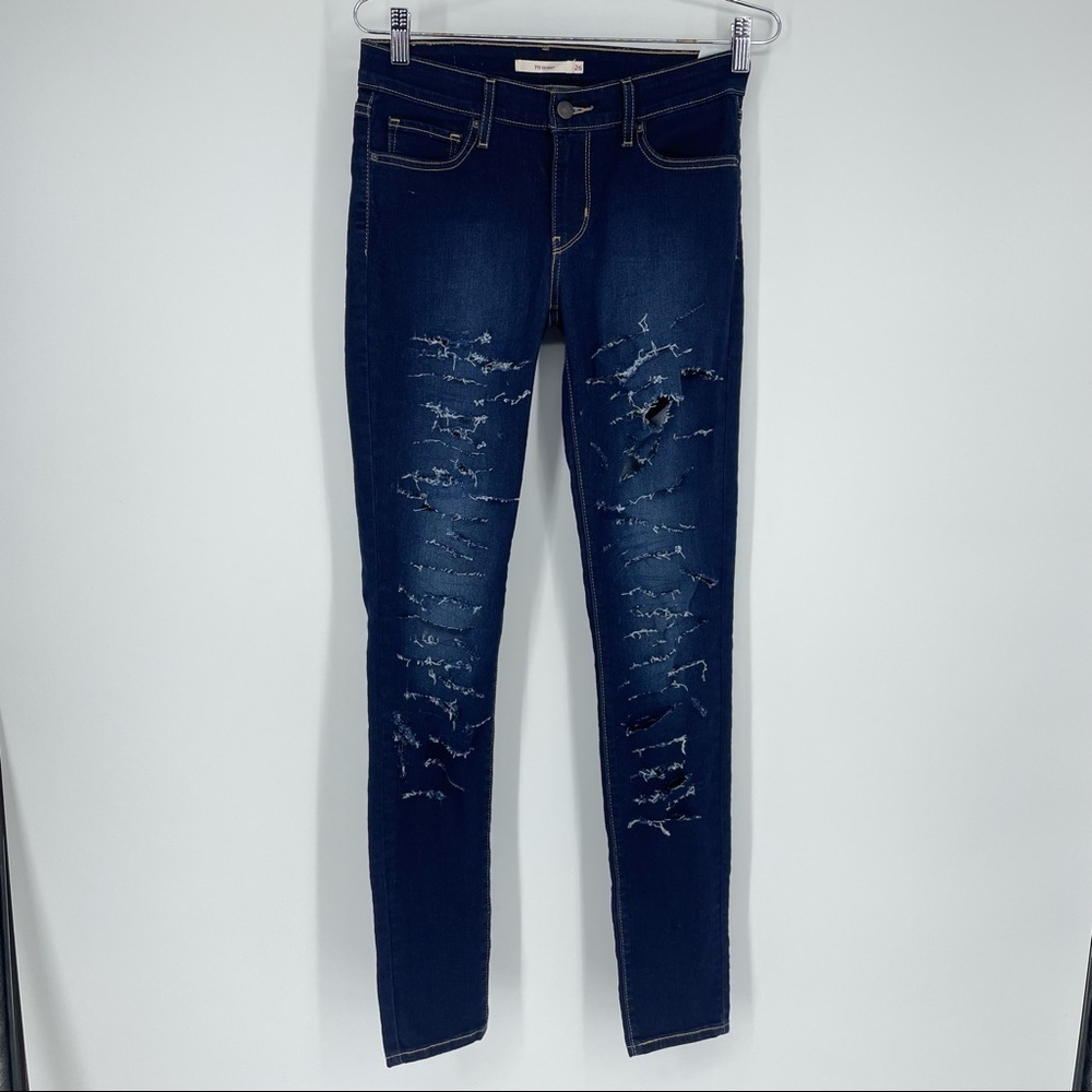 Levi's 711 Womens Blue Skinny Mid Rise Stretch Denim Jeans Distressed